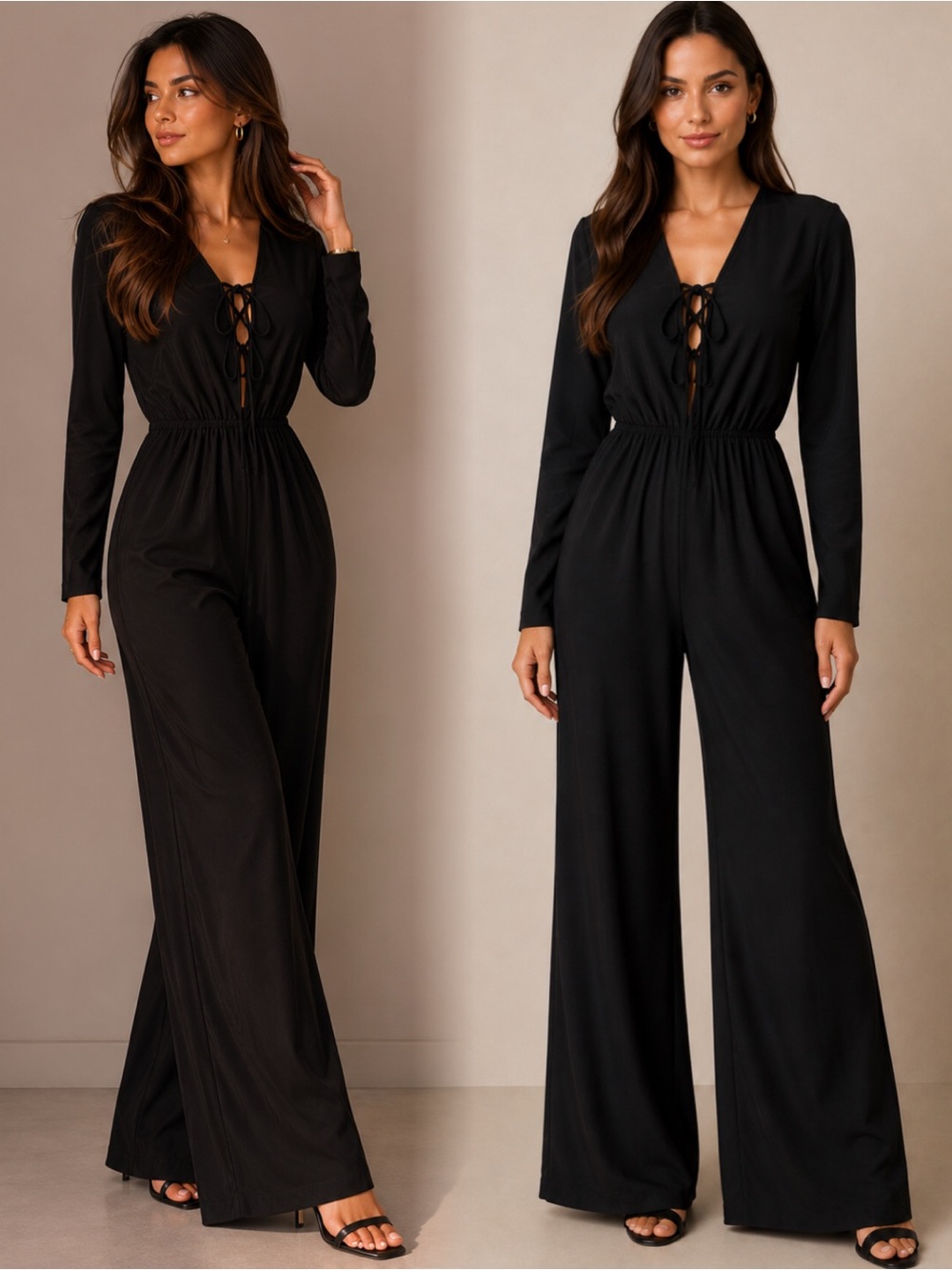 Black Lace-Up V-Neck Long-Sleeve Wide-Leg Jumpsuit